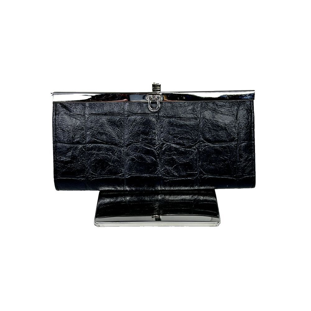 New Directions Black Leather Embossed Clutch Wallet‎ Silver Metal Lock